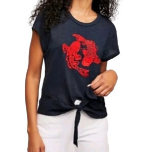 We the Free, Lucky Fish Embroidered,‎ Cropped Tie On Top, Black and Red, XS​